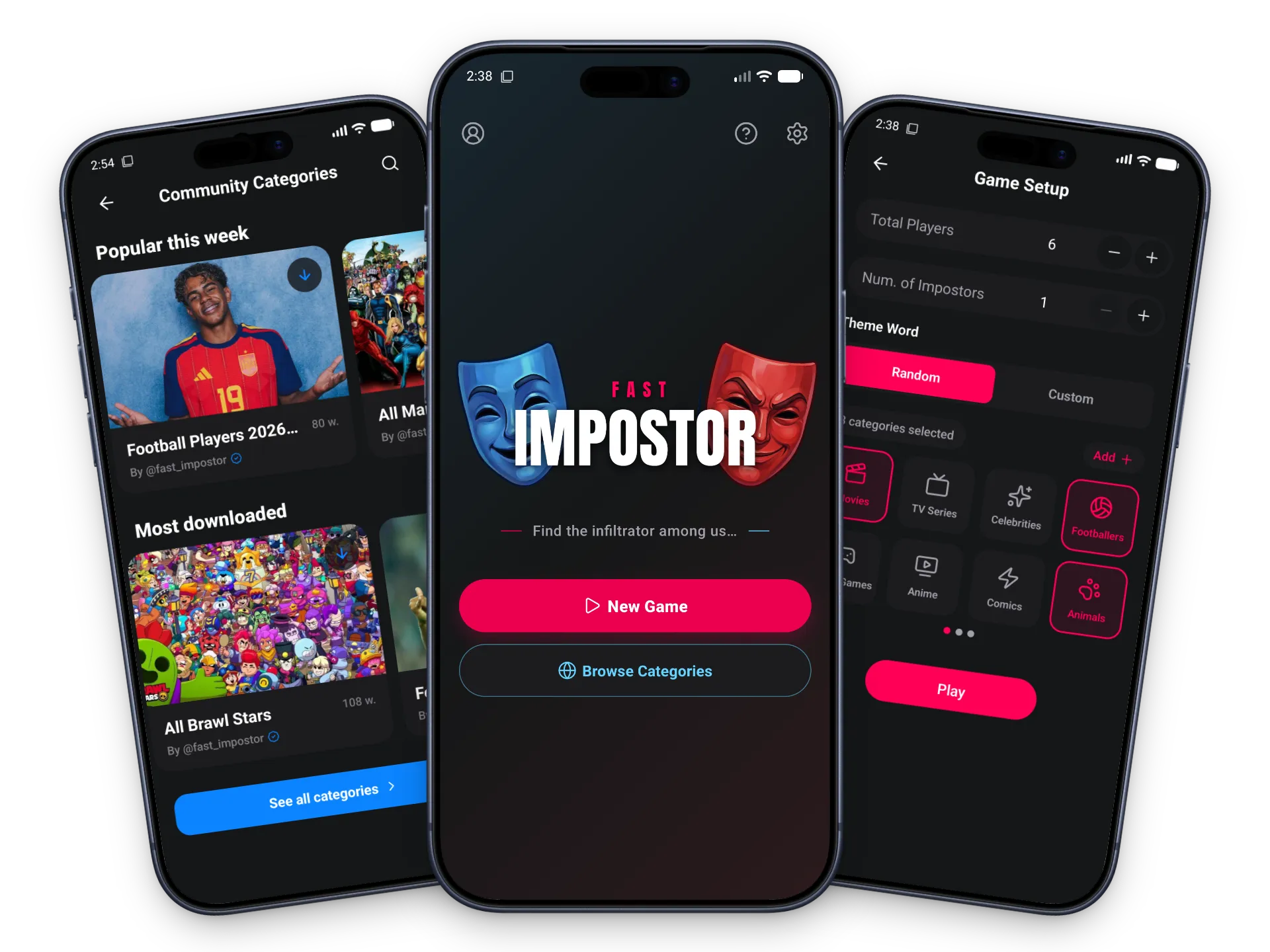 Tres mockups de Fast Impostor con las categorías de la comunidad, el inicio y la configuración de partida